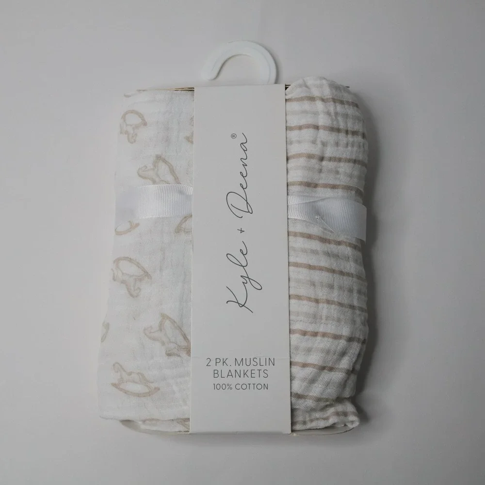 Kyle & Deena 2 Pk Muslin Blankets 100% Cotton Rocking‎ Horse Striped Baby Shower